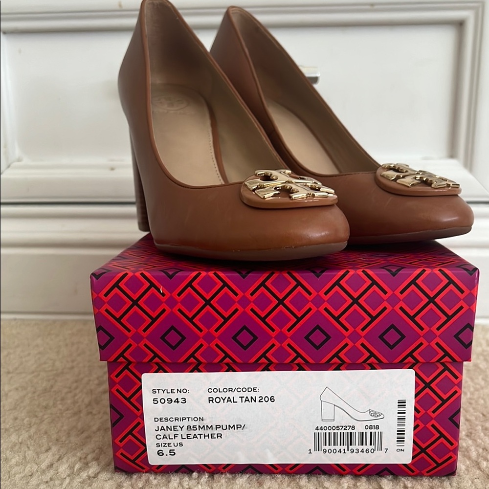 Tory Burch Tan Heels with Gold Medallion